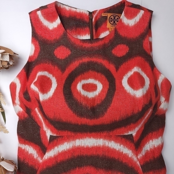 Tory Burch Red Cream Brown Linen Dress Sz 4 - Picture 4 of 12